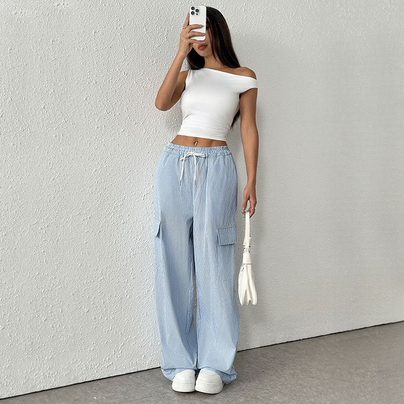 European and American women's casual elastic pants striped pants