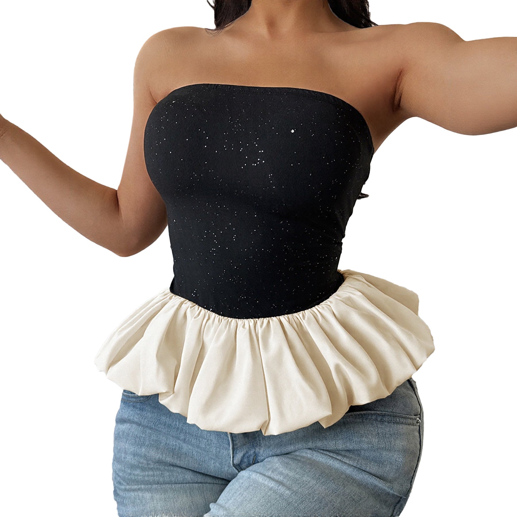 European and American black and white contrasting flower bud temperament socialite niche strapless top woman